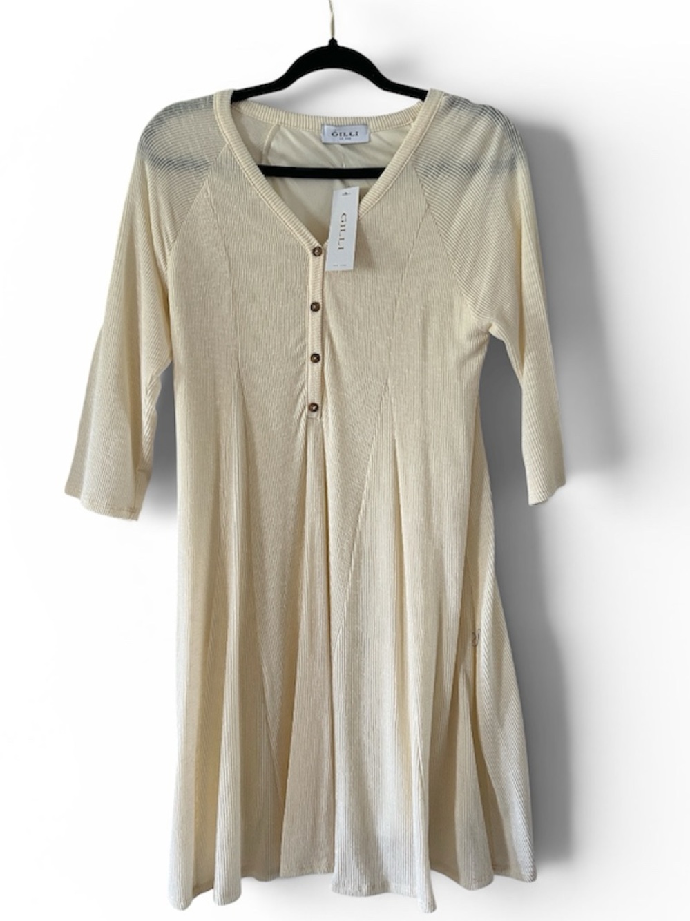Gilli Cream Ribbed Button-Front Midi Knit Dress